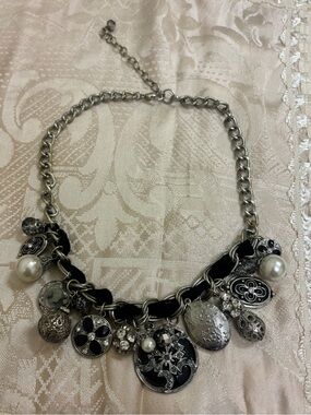 Silvertone & Rhinestone Charm Locket Necklace